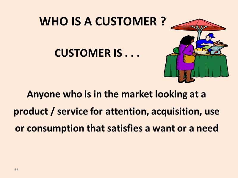 56 WHO IS A CUSTOMER ? Anyone who is in the market looking at